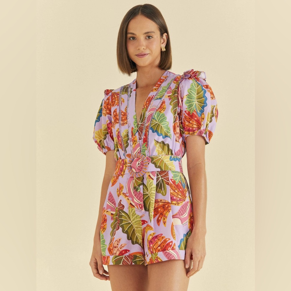 FARM Rio Pink Tropical Print Puff-Sleeve Romper